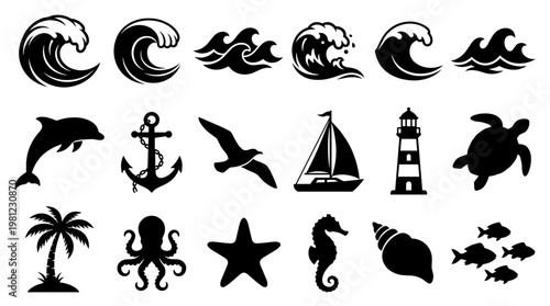 Nautical Icons Collection Featuring Ocean Waves Dolphin Anchor Sailboat Lighthouse Turtle Palm Tree Octopus Starfish Seashell and Fish