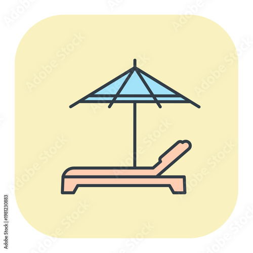 Flat vector icon of a pink chaise lounge under a blue beach umbrella. Illustration for summer and vacation design