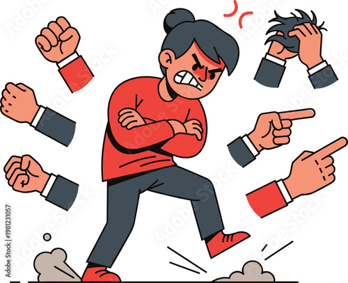 Anger face vector illustration angry person with clenched fists pointing hands stomping