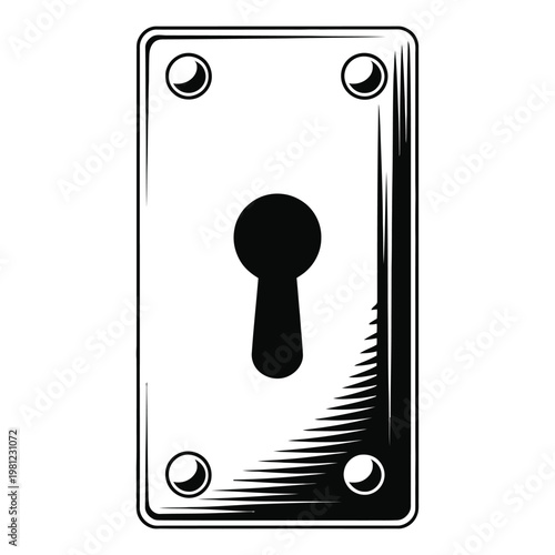 A vintage doorknob plate with a keyhole rendered in stark black and white silhouette