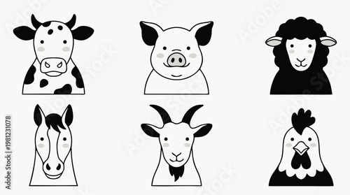 Set of Farm Animal Heads Icons 1.