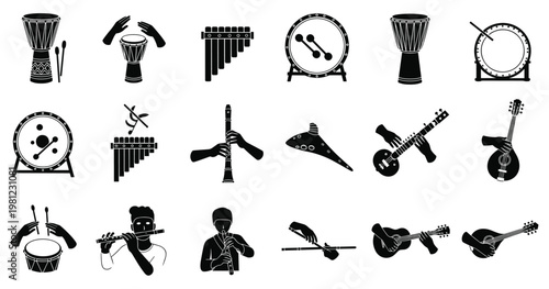 Musical instruments vector illustration of silhouette icons drums strings wind players