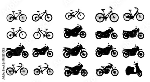Collection of diverse bicycle and motorcycle silhouettes isolated on white background representing different modes of transport and recreational activities