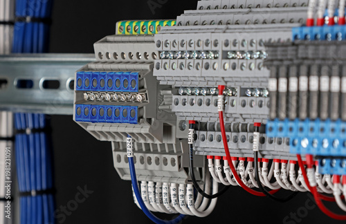 Electrical screw terminals for connecting copper electrical wires with metal lugs in electrical switchboard. 
