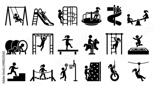Collection of black and white pictogram icons representing children playing on various playground equipment and outdoor recreational activities