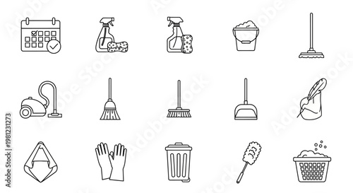 Cleaning supplies and tools collection.