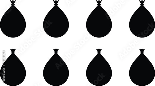 Eight black silhouettes of tied sacks or bags with a droplet shape on a white background representing storage or contents