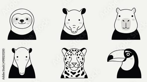 Set of Six Adorable South American Animals in Minimalist Style.