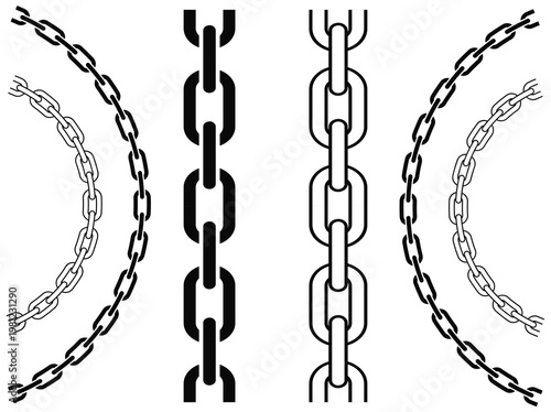 Black and white vector illustration of chain links straight and curved segments heavy duty connection strength industrial mechanical background template abstract illustration segmented