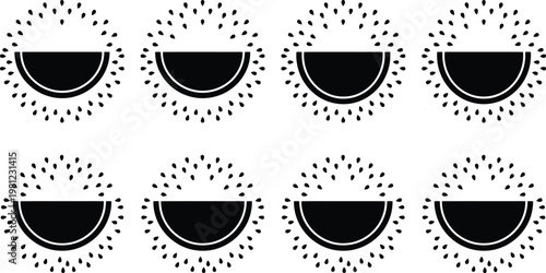 Eight black silhouettes of watermelon slices with exploding seed patterns on a white background representing freshness and flavor