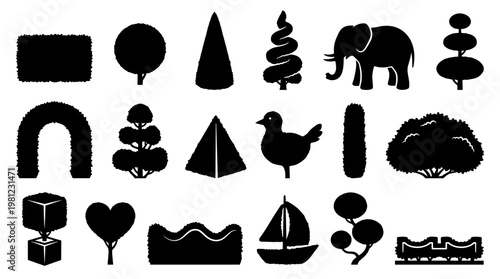 Collection of black silhouette topiary shapes and garden elements including animals plants and abstract forms on white background