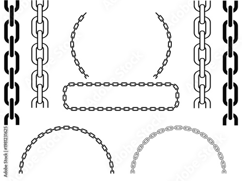 Vector illustration of chain segments in straight curved circular arrangements with straight circular illustration connection strength industrial hardware fastener structure maritime