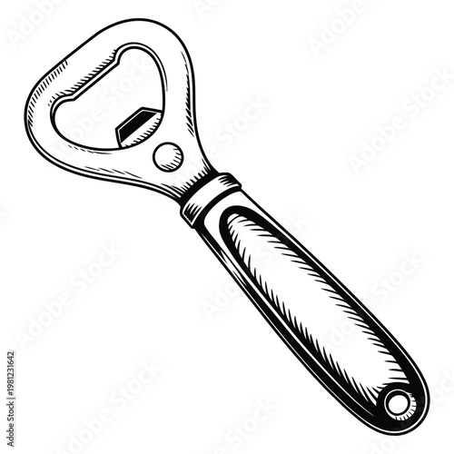 Detailed illustration of a classic bottle opener with a vintage aesthetic presented as a silhouette