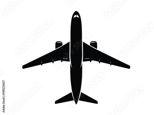 Silhouette of a commercial airplane seen from directly above with white background airplane aircraft aviation airliner silhouette transport fuselage top view commercial passenger isolated