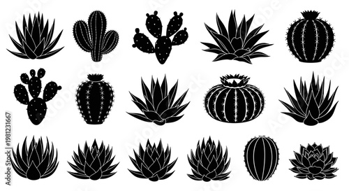 Collection of black silhouette icons representing various desert plants including cacti and succulents in a clean graphic style perfect for botanical or nature themes