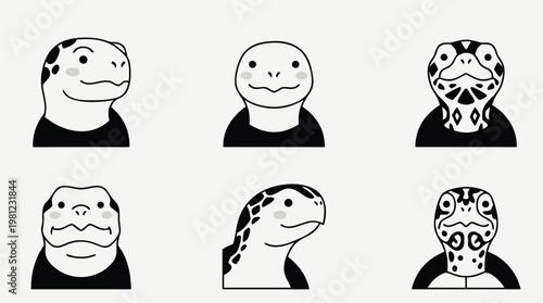 Set of six cartoon reptile heads with black and white patterns.