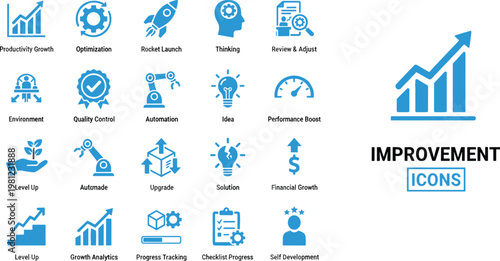 Set of improvement vector icons, collection includes productivity growth and thinking.