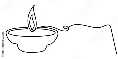 Continuous one line drawing of Diya lamp for Diwali,  Deepavali celebration oil lamp line art vector design,  outline vector illustration. 