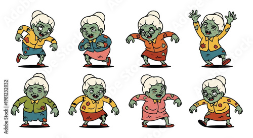 Cartoon zombie granny poses set isolated