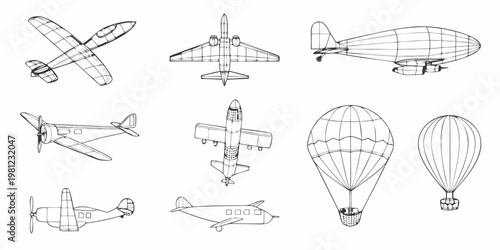 Collection of various linear aircraft and airships in blueprint style