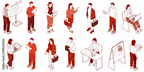 Isometric illustration depicting diverse people working with technology and data