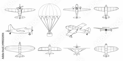 Collection of vintage aircraft and air vehicles in outline drawings