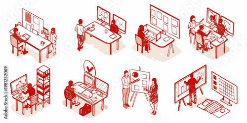 Isometric illustration depicting a busy modern office workspace and collaboration