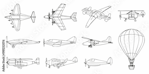 Collection of various aircraft designs illustrated in a simple line drawing style