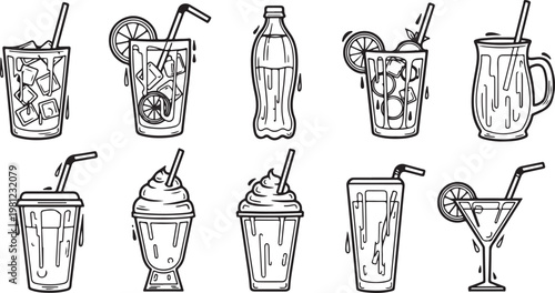 A collection of various bottles and containers in simple line drawings Vector