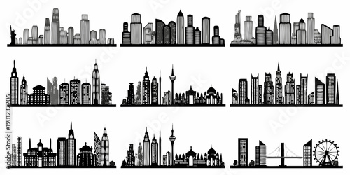 Silhouetted cityscapes arranged in rows a graphic urban collection