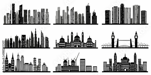 Silhouettes of famous city skylines and landmark buildings worldwide