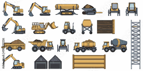 Collection of construction vehicles equipment and site elements in cartoon style