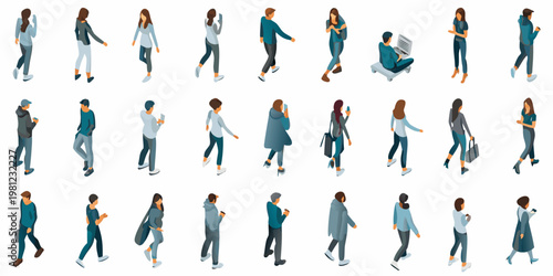 Isometric illustration depicting diverse people walking and using mobile devices