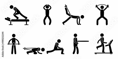 Stick figures demonstrating various exercises and physical therapy movements
