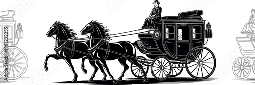 Vintage horse drawn carriage with elegant passenger coach and running horses classic transport silhouette detailed vector illustration isolated on white background