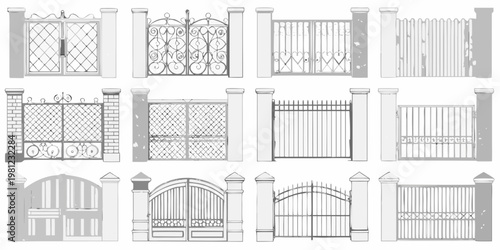 Collection of ornate wrought iron gates and stone pillar designs