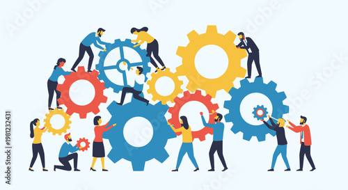 Canvastavla A vibrant illustration showing a diverse group of people collaborating to connect and operate a complex system of colorful gears, symbolizing teamwork and business synergy