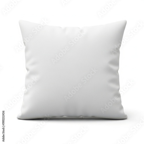 A white square pillow on a plain white background with subtle texture visible.