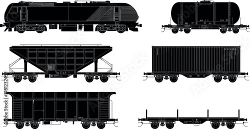 Railway freight wagon silhouettes collection featuring tanker hopper boxcar and flatbed cargo trains isolated detailed vector illustration set on white background