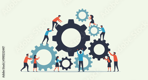 Tablou pe pânză A diverse group of people collaborating to assemble a complex system of gears, symbolizing teamwork, synergy, and collective effort in business and technology