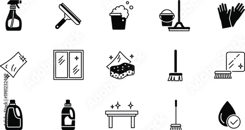 Collection of cleaning and gardening tools and accessories in black and white icons Vector