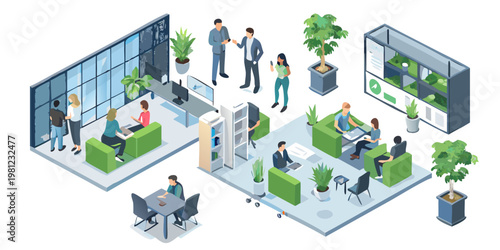 Isometric illustration of a modern bustling open plan office workspace
