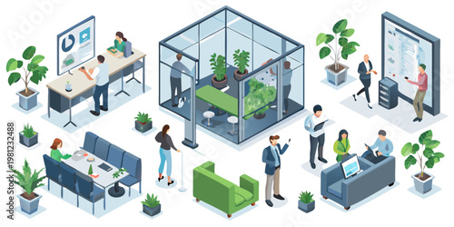 Isometric illustration of a modern office space with diverse employees