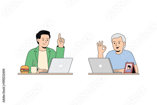Two people in business attire using laptops with speech gestures