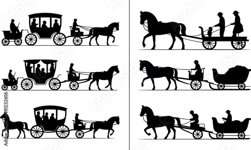 Vintage horse carriage silhouettes collection featuring classic transport wagons with drivers passengers and elegant horses isolated vector set on white background
