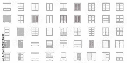 A collection of various door designs illustrated in a simple flat style