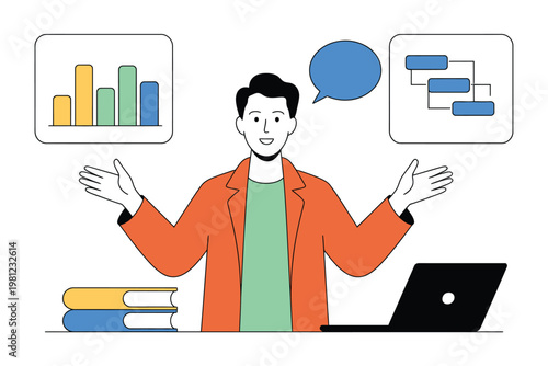 Woman in orange blazer holding bar graph and laptop with pie chart