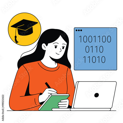 Woman in orange sweater smiling while looking at laptop screen with binary code