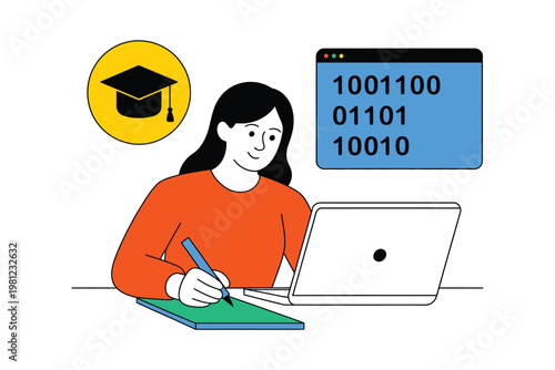 Woman in orange sweater working on laptop with binary code and lightbulb