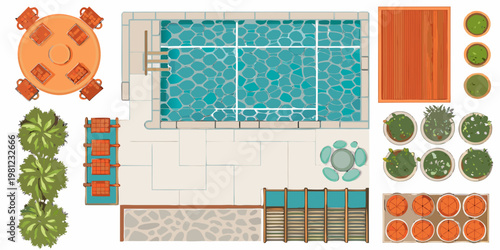 Aerial view of a backyard featuring a pool patio and landscaping